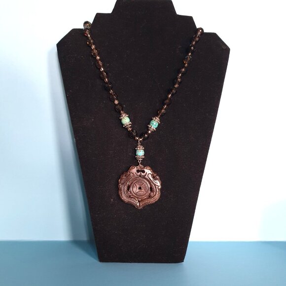 Impressive Vintage 925 Silver Natural Brown Jade Double Phoenix Amulet Necklace - Picture 9 of 12